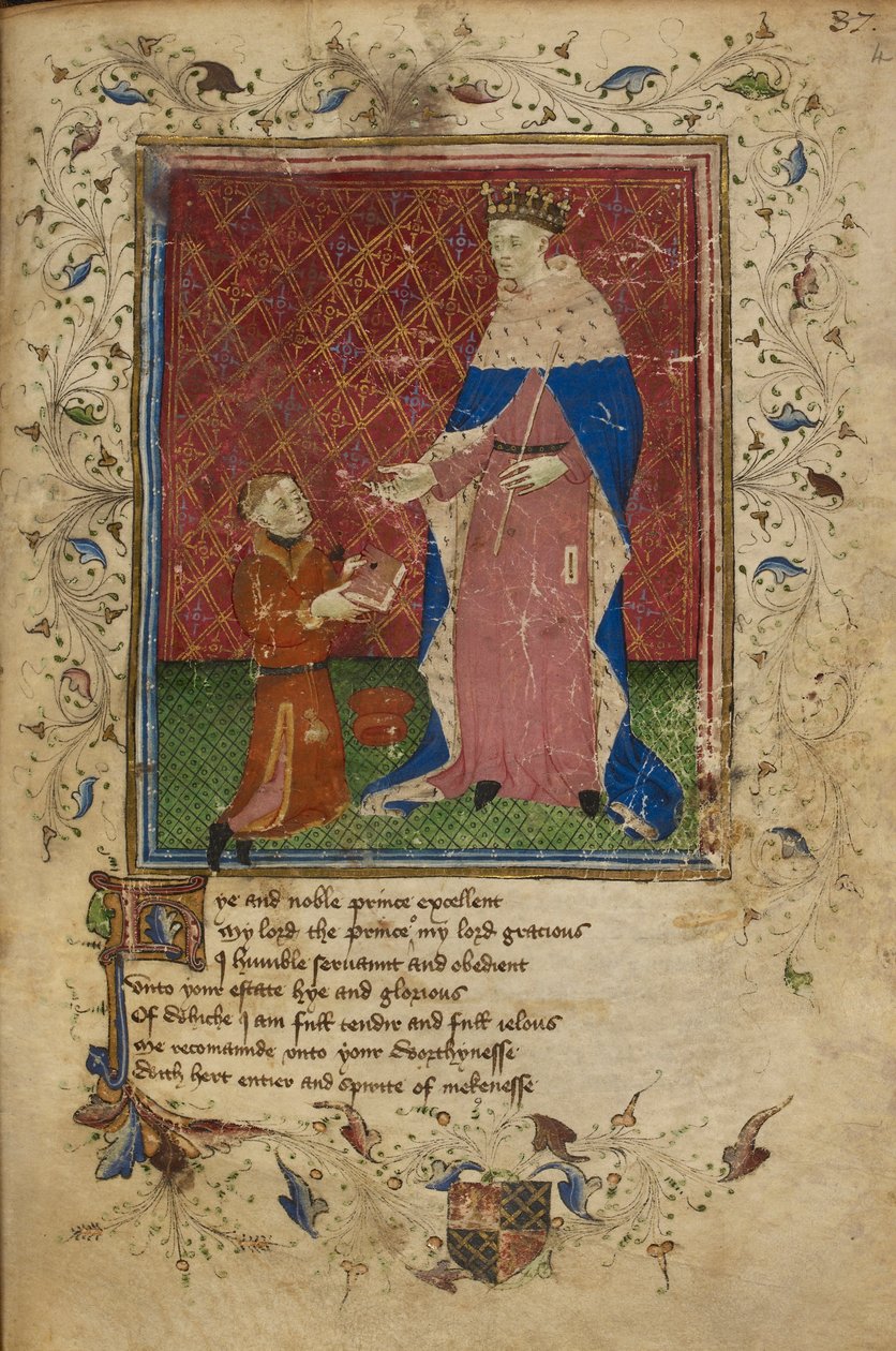 Royal 17 D. VI, f.40 Thomas Hoccleve knæler i færd med at tilbyde sin bog til kong Henry V, illustration fra 
