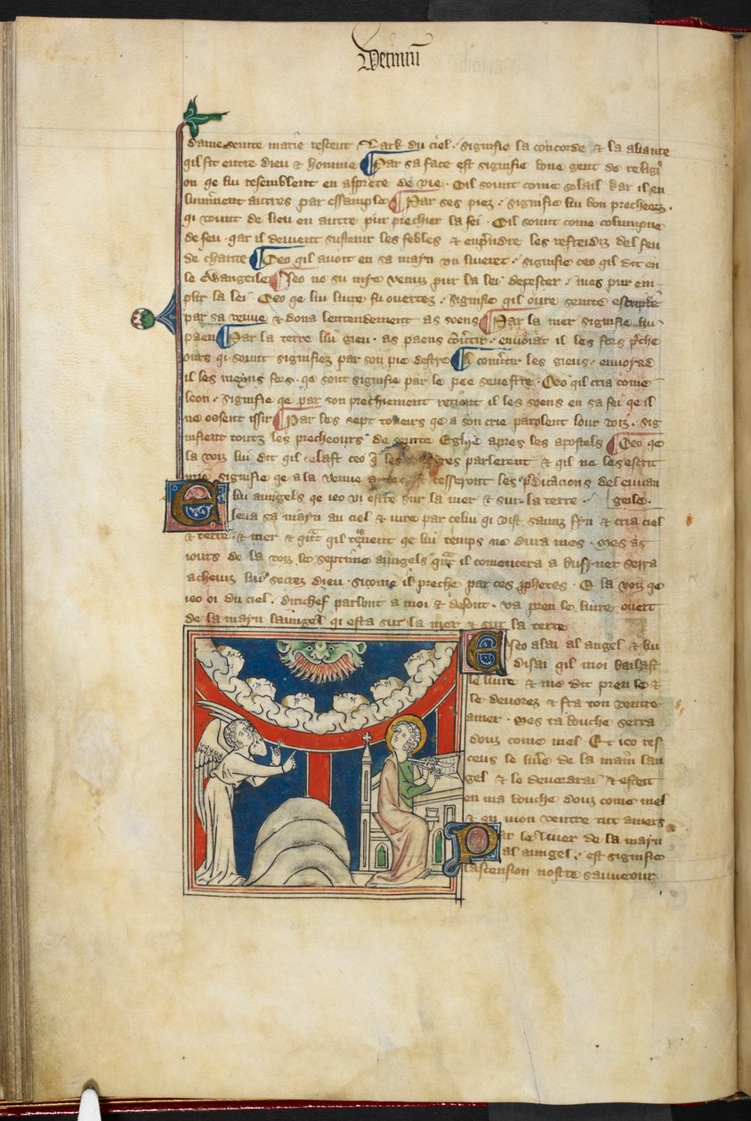 Kongelig 19 B.XV, f.17v En løves mund og på en omvendt skybue seks hoveder, der repræsenterer de syv torden: forneden, til venstre englen, og til højre Johannes, der skal skrive i bogen, fra 