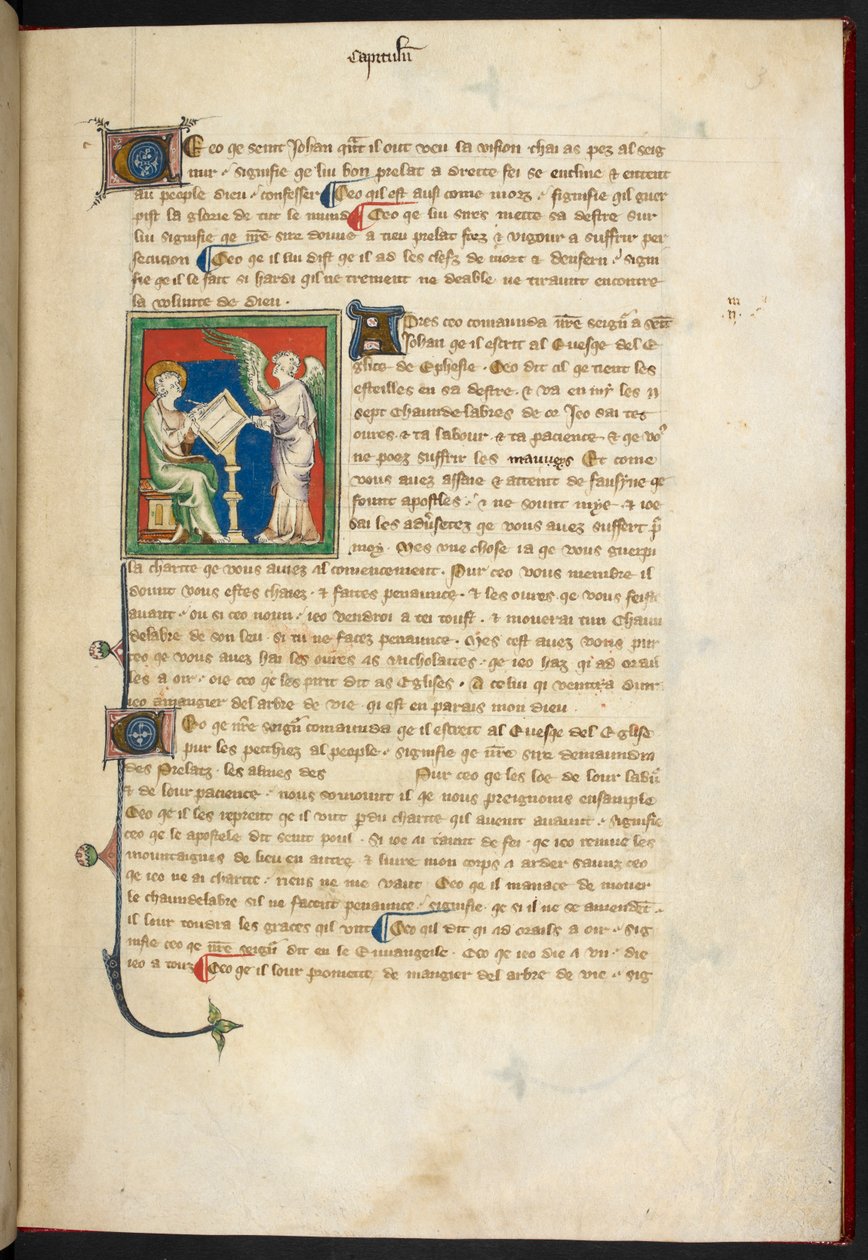 Kongelig 19 B.XV, f.3 Johannes siddende, skriver; en engel står bag sit skrivebord, fra 