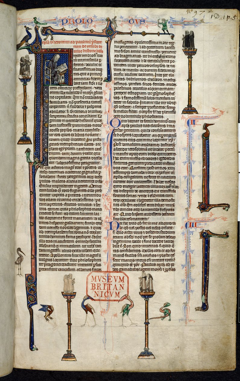 Royal 1 D I, f.1r, Jerome, brødre på søjler, fra Bibelen af William af Devon (vellum) af English School