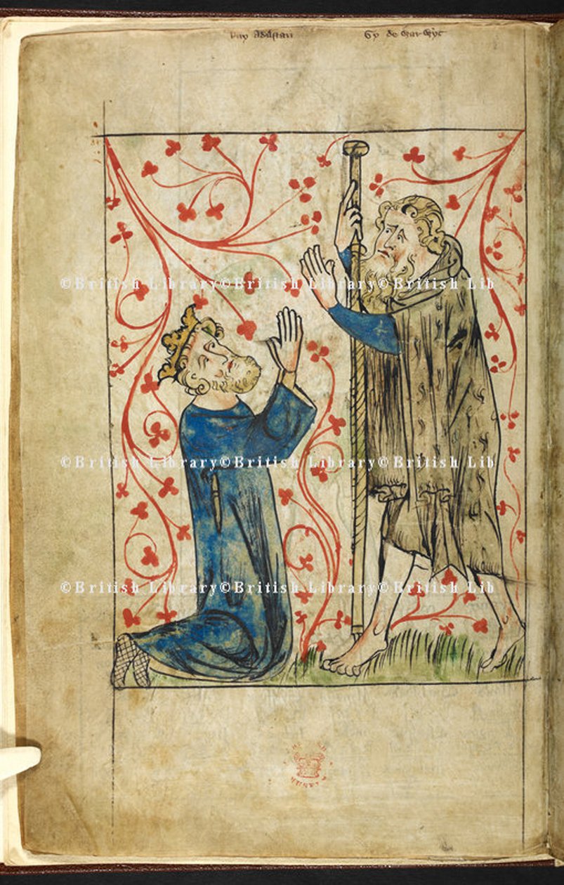 Royal 20 A. II, f.4v Kong Athelstan knælende foran Guy of Warwick, Dressed as a Palmer, illustration fra 
