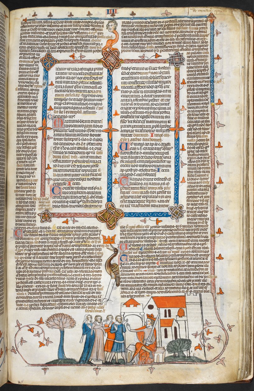 Royal MS 10 IV f.240r Konge forsvarer sit palads og marginaldekoration, illustration fra 