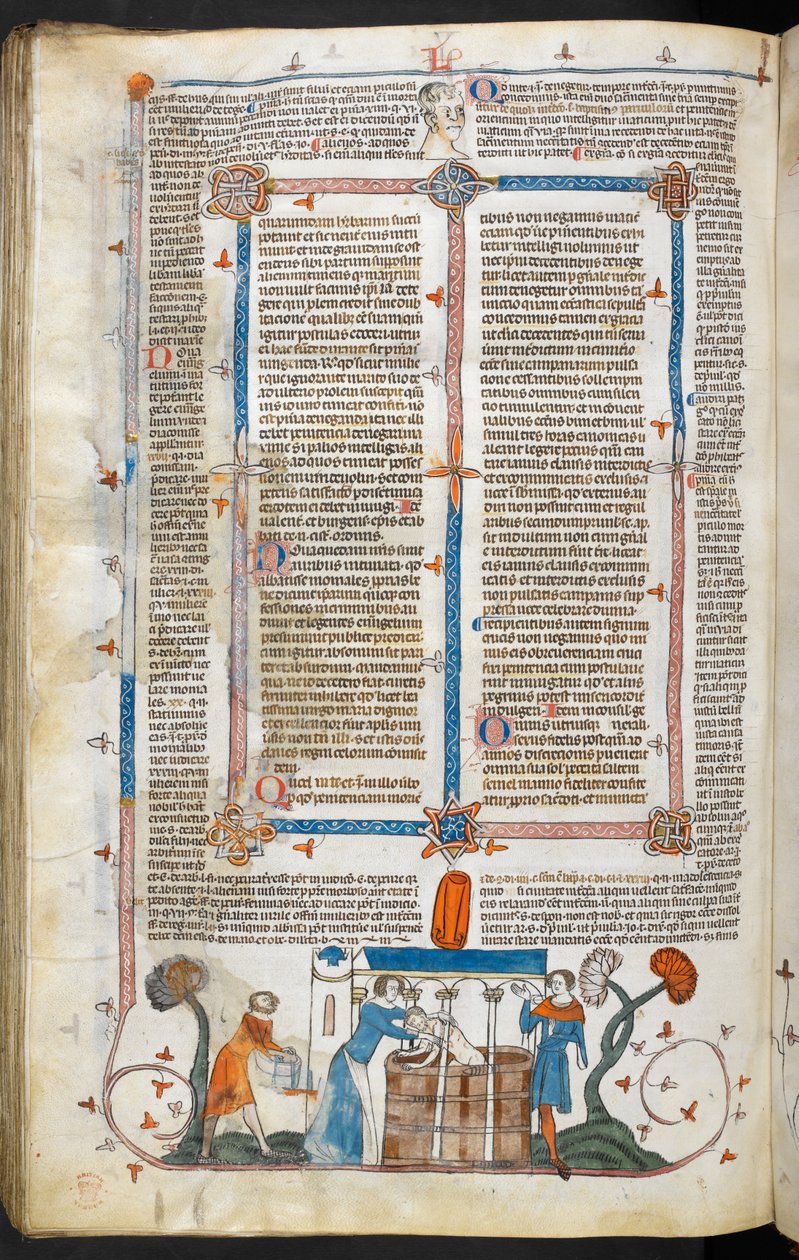 Royal MS 10 IV f.297v Badende et pestoffer og marginaldekoration, illustration fra 