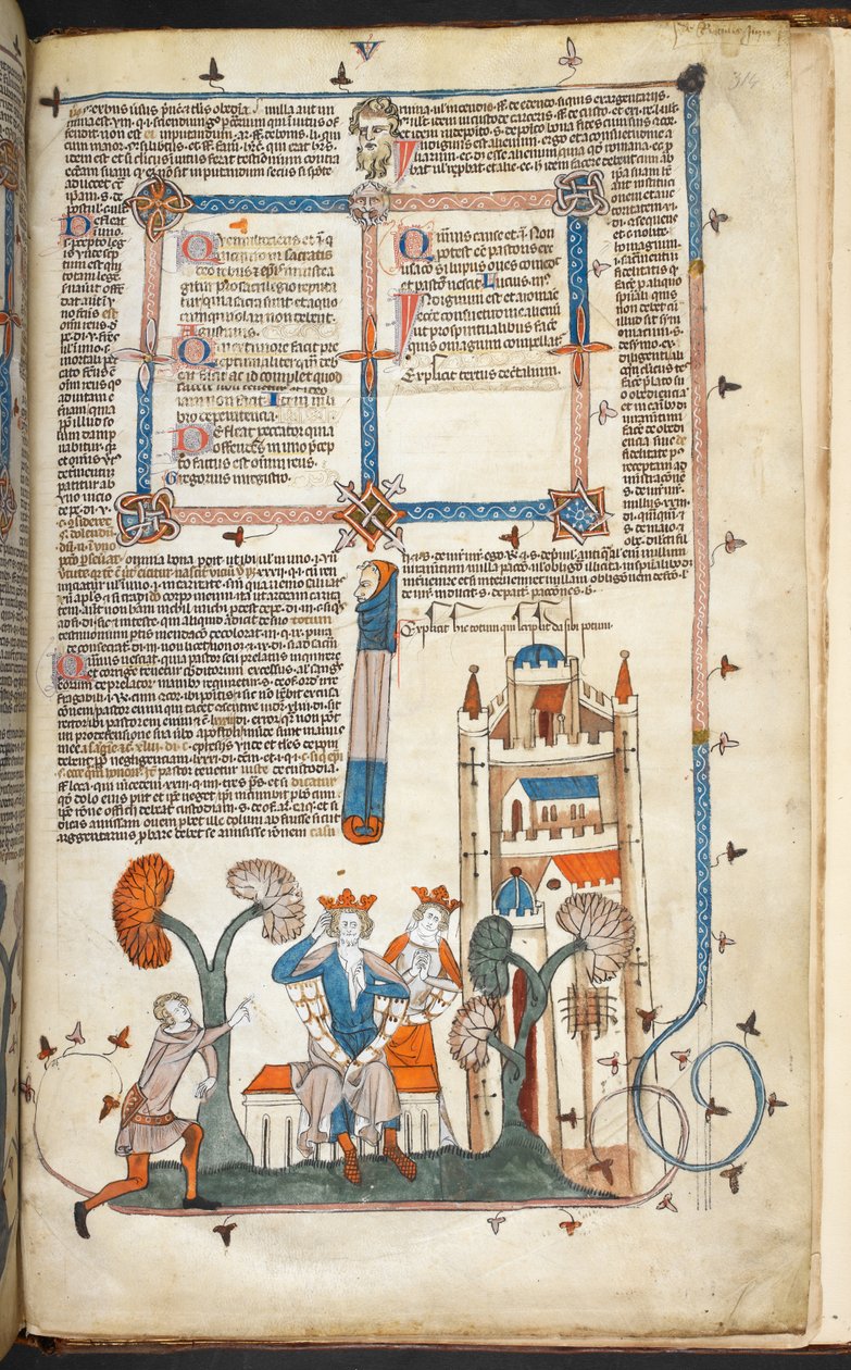 Royal MS 10 IV f.314r Kongen, Dronningen og deres slot med marginaldekoration, illustration fra 