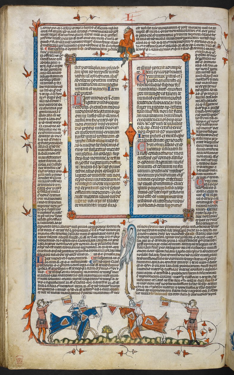 Royal MS 10 iv f.065v Knights Jousting med randdekoration, illustration fra 