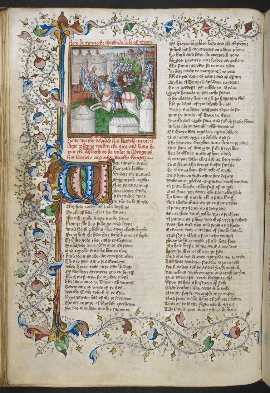 Royal MS 18 D II, f.66v, Miniature of Hector, der dræber Patroclus, med et oplyst initial 
