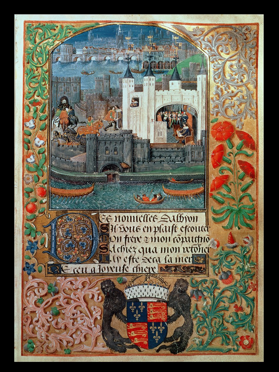 Royal Ms 16 F II, f.73: Tower of London og skibsfart, med Charles, hertug af Orleans siddende i Tower-skriftet, fra Poems of Charles Duke of Orleans, c.1500 (vellum) af English School