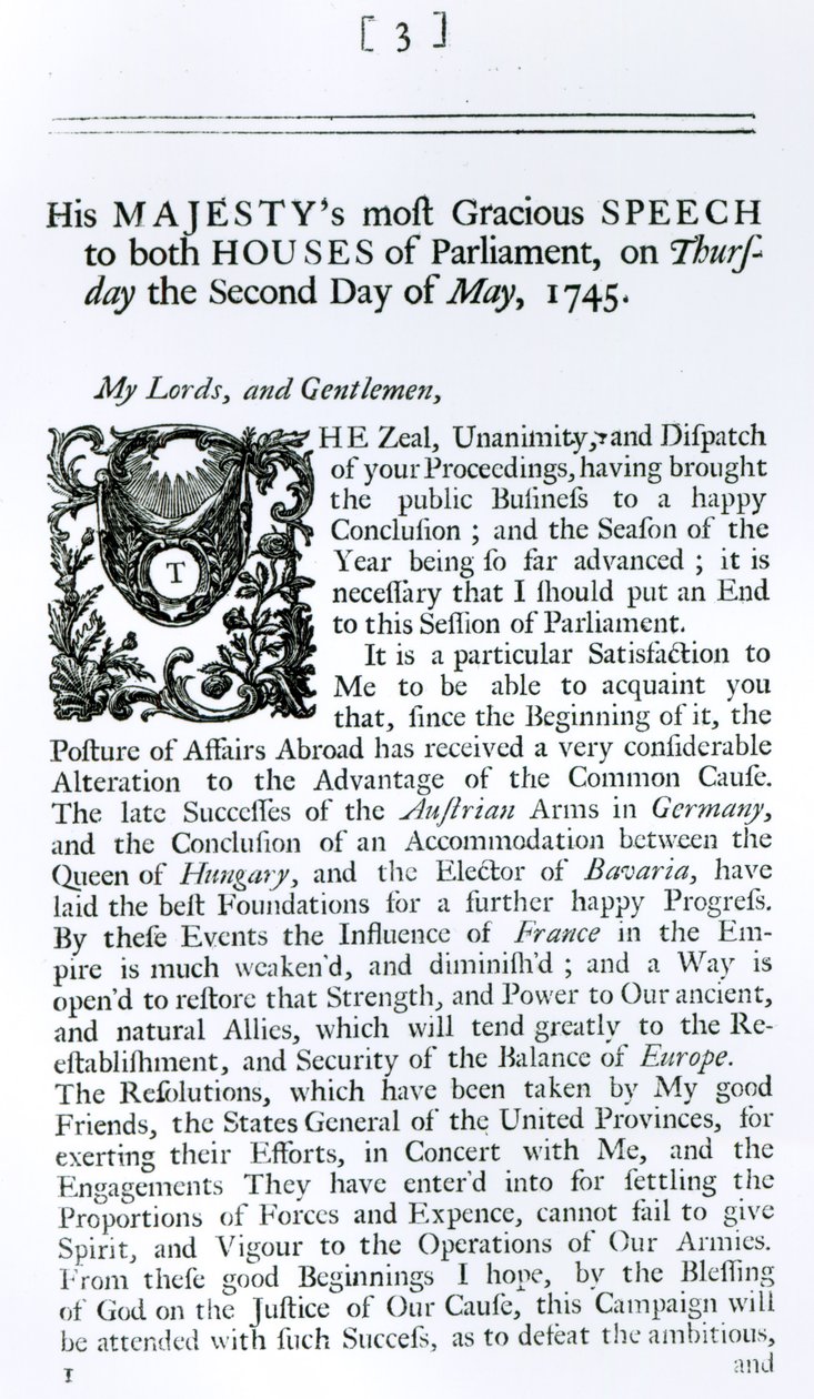 Kongelig tale til begge parlamentshuse, 2. maj 1745 (tryk) af English School