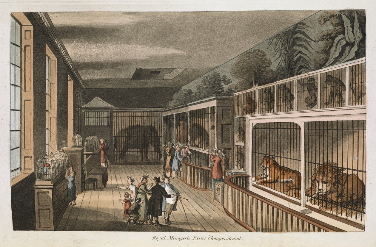 Royal menagerie, Exeter (Change Exchange), Strand. Udvalgte udsigter over London: med historiske og beskrivende skitser af nogle af de mest interessante af de offentlige bygninger / kompileret og arrangeret af J.B. Papworth. John Buonarotti Papworth, Londo af English School