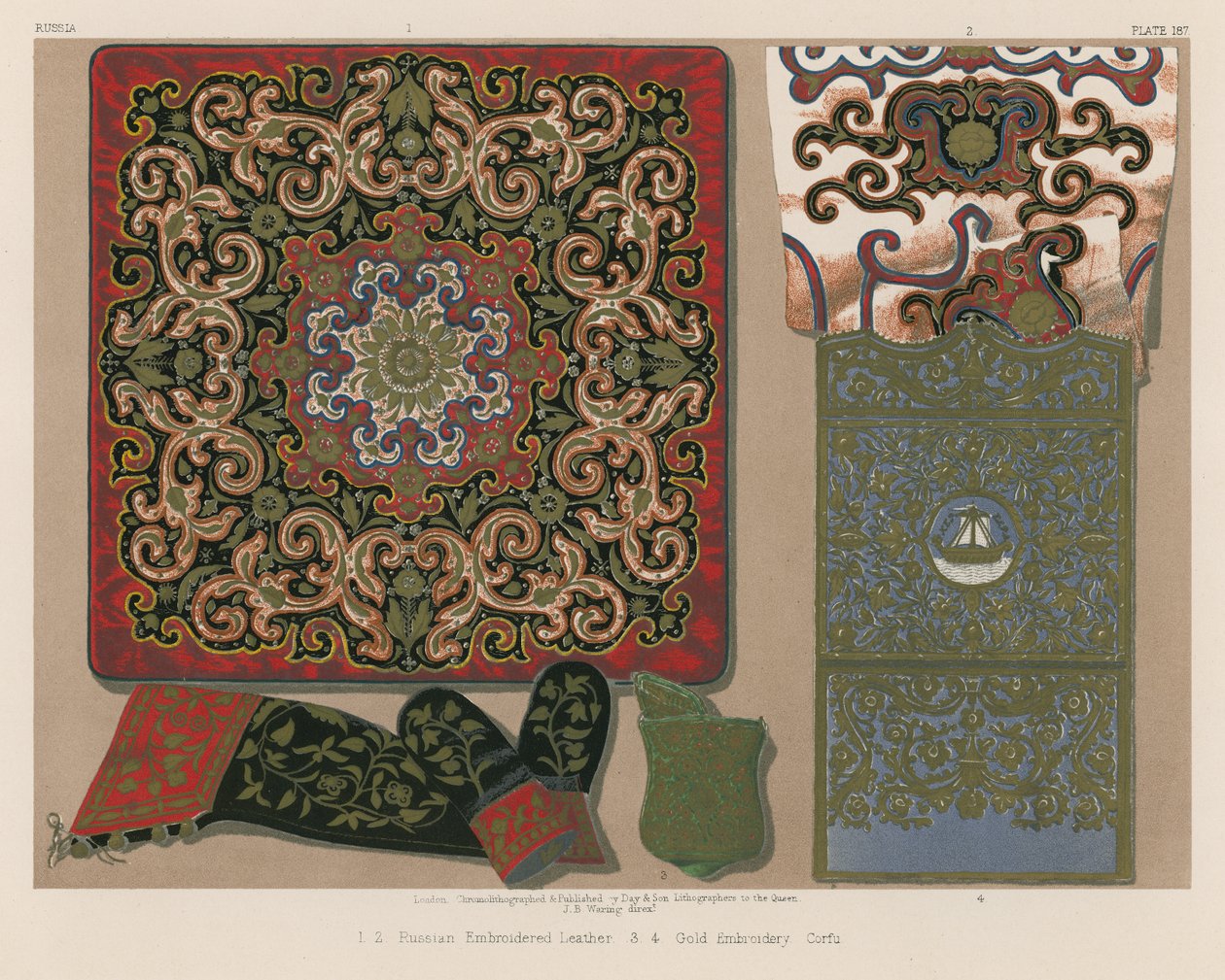 Russisk broderet læder, guldbroderi, Korfu (chromolitho) af English School