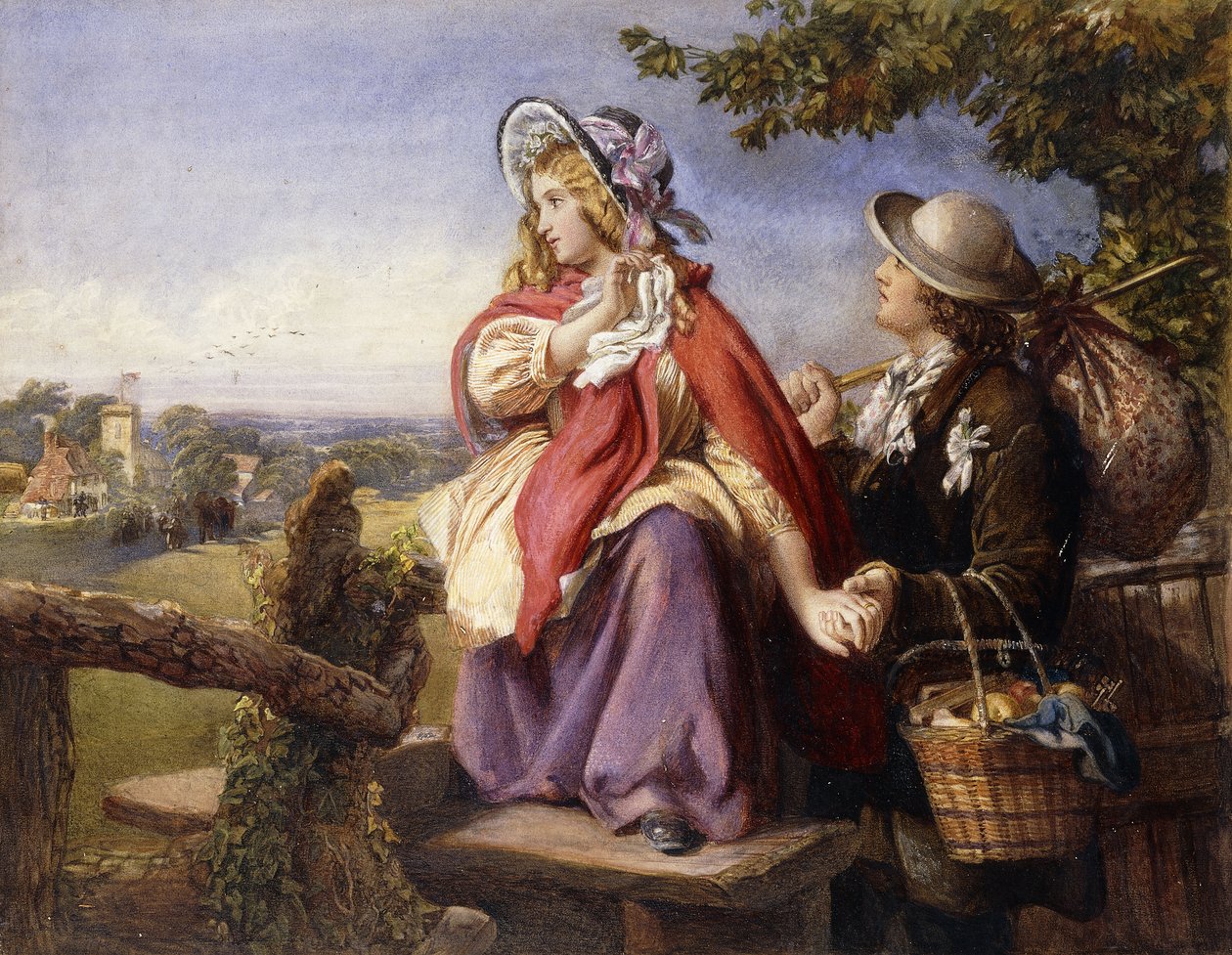 Rustikke elskere, der krydser en stil, ca. 1860 af English School