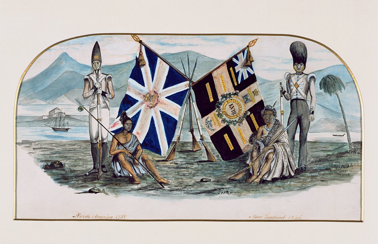 Rutlandshire Regiment, Nordamerika 1759, New Zealand 1845, ca. 1850 (wc på papir) af English School