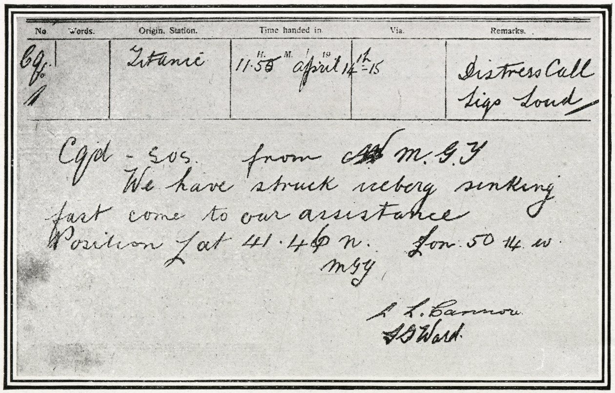 SOS-besked modtaget af den russiske damper, Birma, omkring fem minutter efter at Titanic ramte et isbjerg den 15. april 1912 fra "The Sphere", den 4. maj 1912 af English School