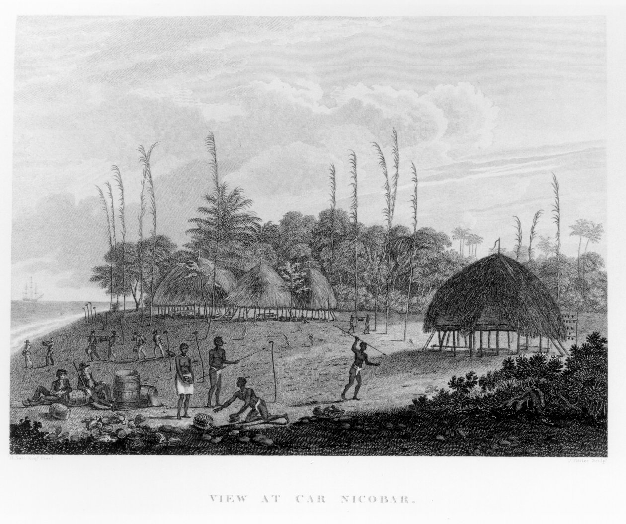 Sømænd samler proviant på Car Nicobar, fra rejser og rejser til Indien, Ceylon, Det Røde Hav... af George, Viscount Valentia, udgivet 1809 af English School