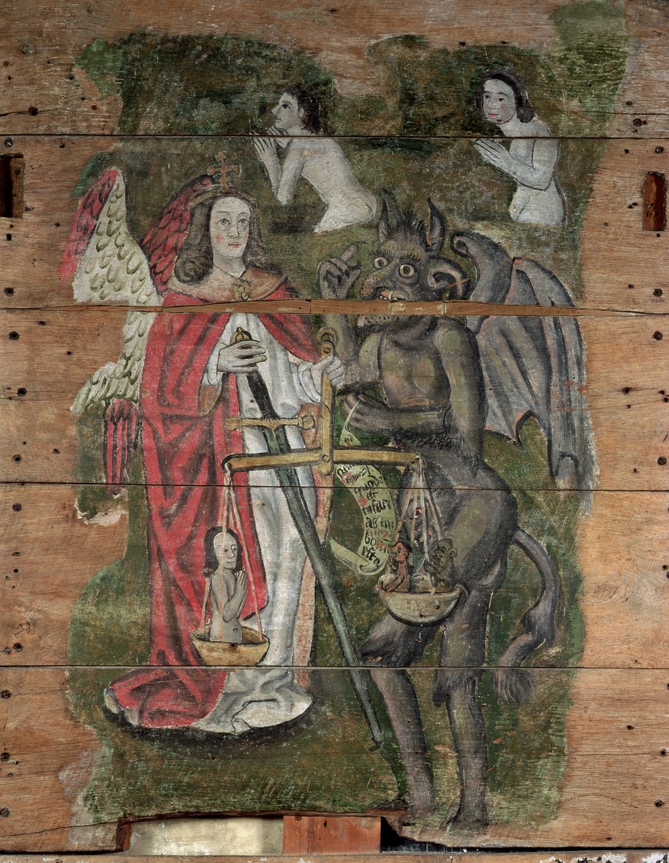 Saint Michael and the Devil, fra Wenhaston Doom, ca. 1500-20 (malet træ) af English School