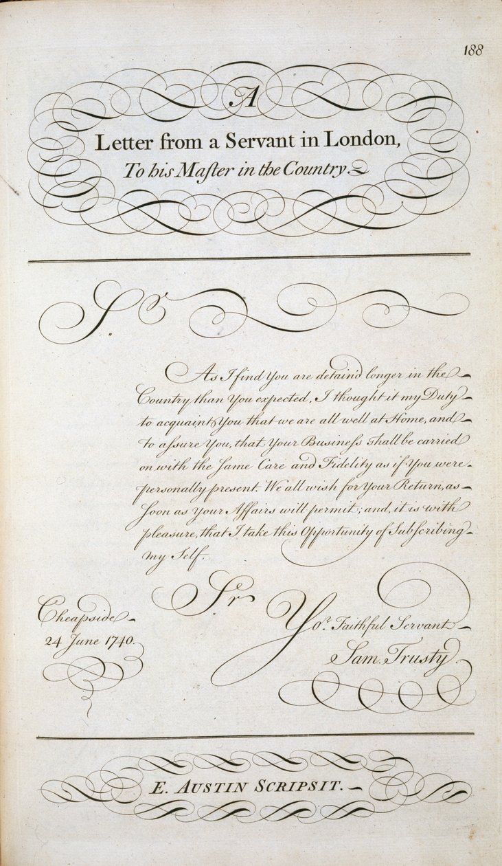 Eksempel på brev fra en mønsterbog med bogstaver, ca. 1740 af English School