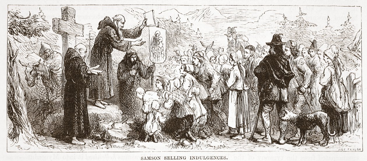 Samson Selling Indulgences, illustration fra The History of Protestantism af James Aitken Wylie (1808-1890), pub. 1878 af English School