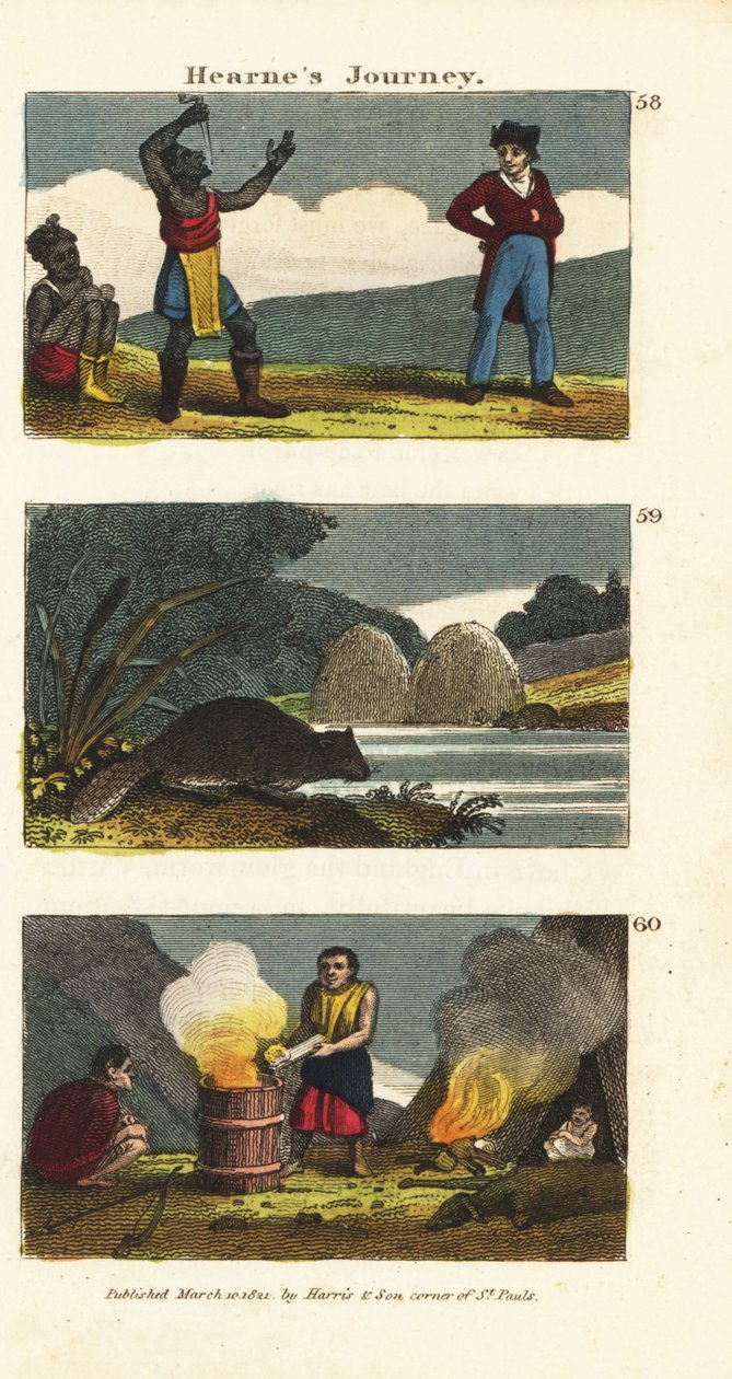 Samuel Hearne ser på en indiansk sværdsluger 58, nordamerikansk bæver, Castor canadensis 59 og indianere kogende vand i en trætønde med varme sten 60 af English School