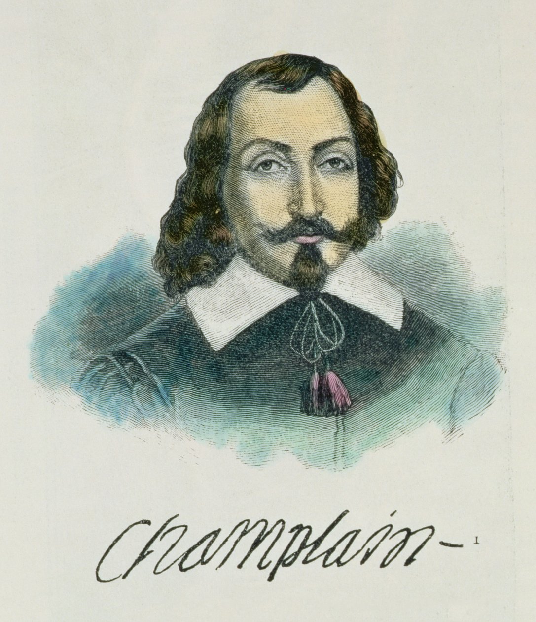 Illustration af Samuel de Champlain (ca. 1567-1635) fra bind IV af "Narrative and Critical History of America", 1886 (senere farvelægning) af English School