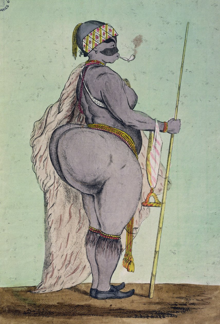 Sartjee, Hottentot Venus, udstiller nu i London, tegnet fra livet, ca. 1810 af English School