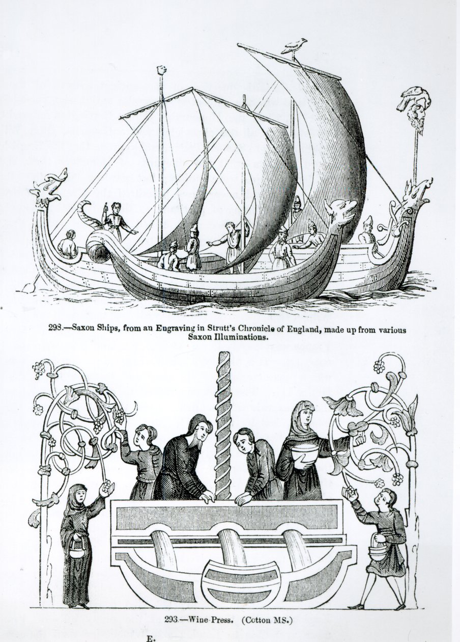 Saxon Ship, fra en gravering i Strutts Chronicle of England og en vinpresse af English School