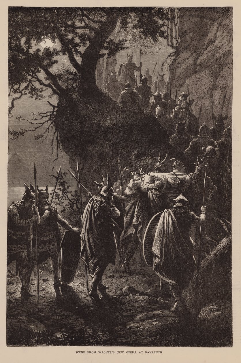 Scene fra Wagners nye opera i Bayreuth (kobberstik) af English School