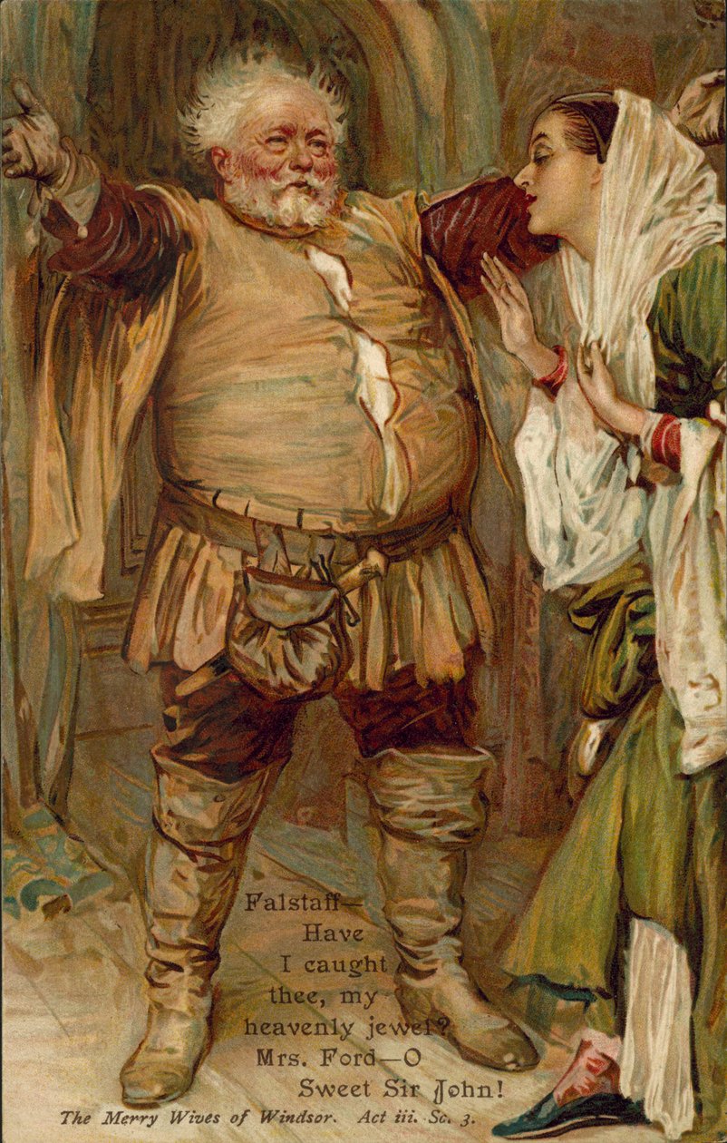 Scene fra The Merry Wives of Wndsor af William Shakespeare (farvelitografi) af English School