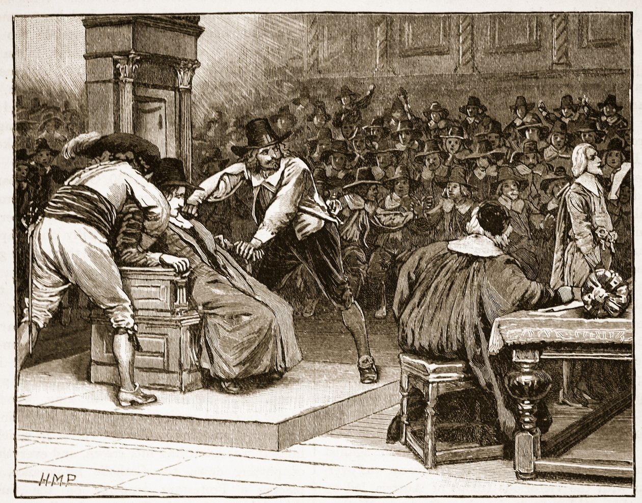 Scene i Underhuset: Taleren tvunget, illustration fra Cassells Illustrated History of England (sepiafoto) af English School