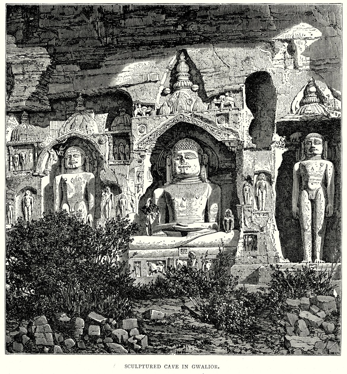Skulptureret hule i Gwalior (gravering) af English School