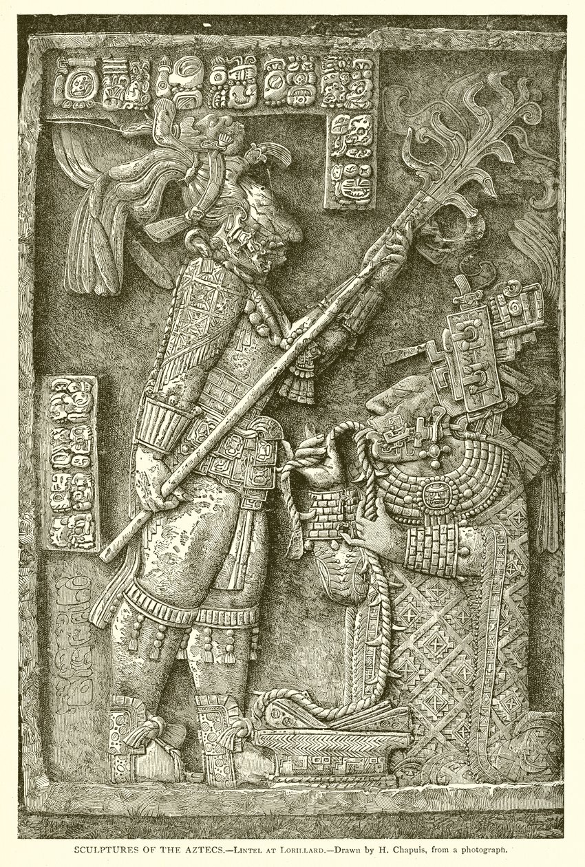 Aztekernes skulpturer - Overliggeren i Lorillard (kobberstik) af English School