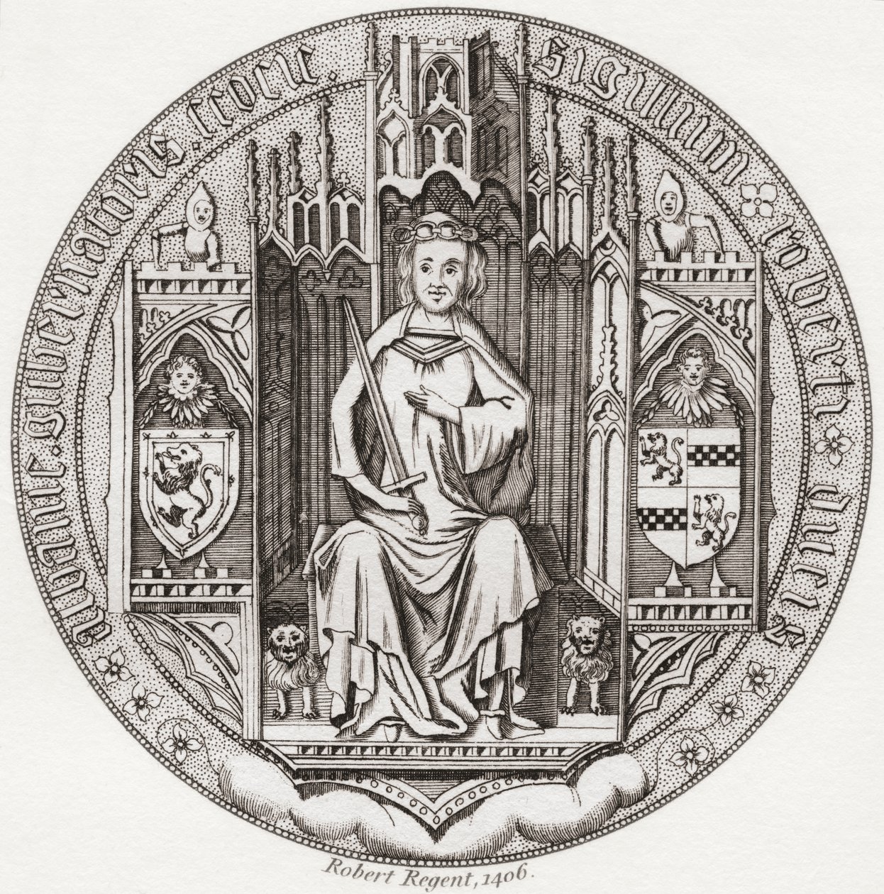 Segl af Robert Stewart, hertug af Albany, ca. 1340 1420. Medlem af det skotske kongehus, regent, guvernør i Skotland, Hertug af Albany, jarl af Fife og Menteith. Fra Iconographia Scotica eller Portraits of Illustrious Persons of Scotland, udgivet 1797. af English School