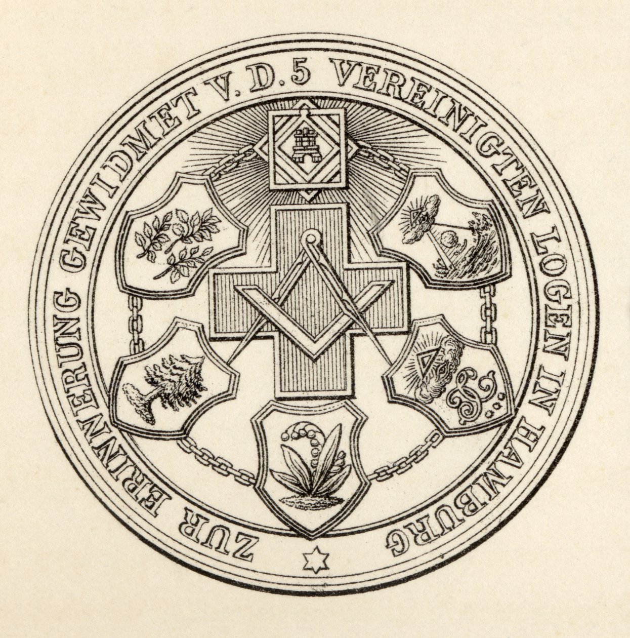Hamburgs frimurers segl, fra "The History of Freemasonry, volume III", udgivet af Thomas C. Jack, London, 1883 af English School