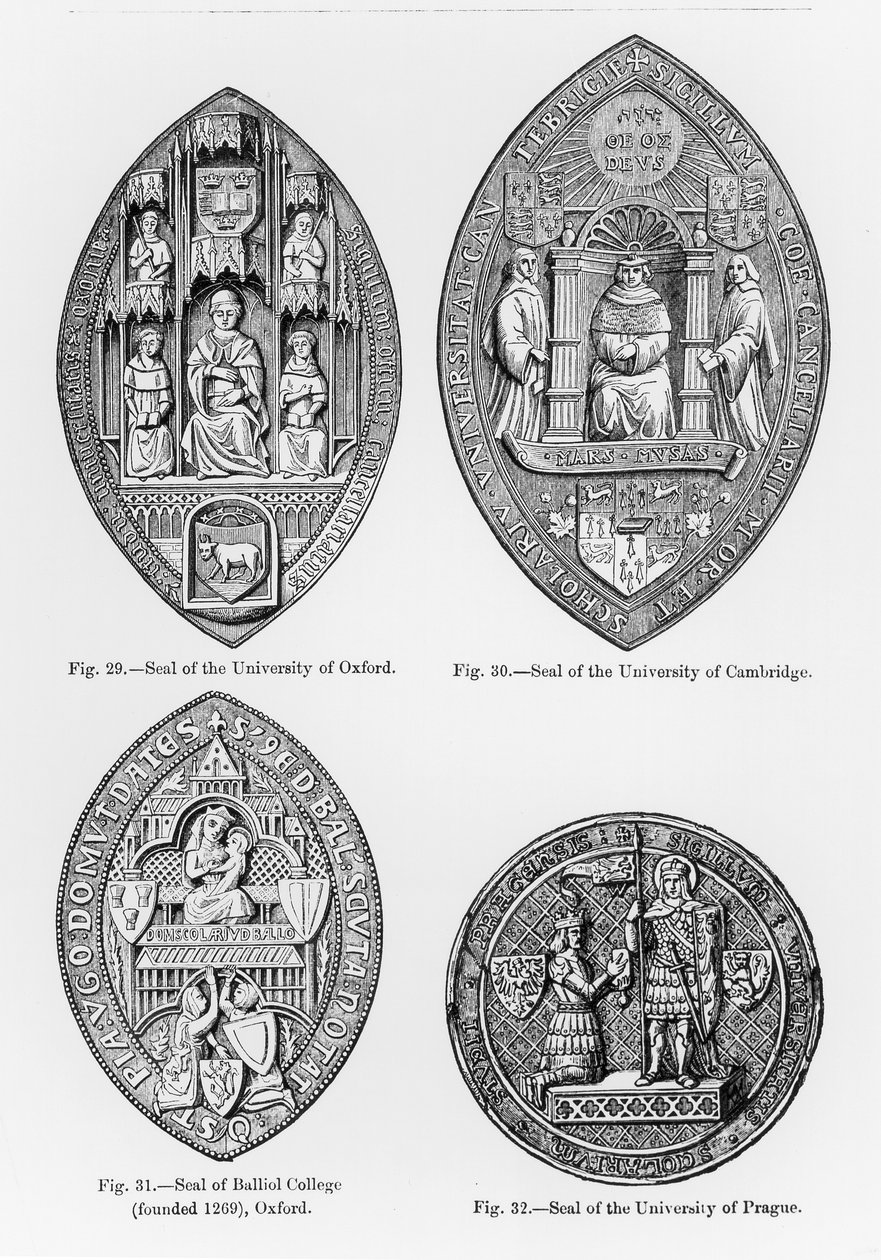 Segl fra University of Oxford, Cambridge, Balliol College, Oxford og University of Prague, illustration fra videnskab og litteratur fra middelalderen og renæssancen, skrevet af Paul Lacroix af English School