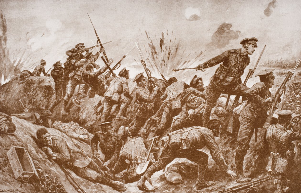 Sekondløjtnant G.H. Woolley i forsvaret af Hill 60 med sine mænd af English School