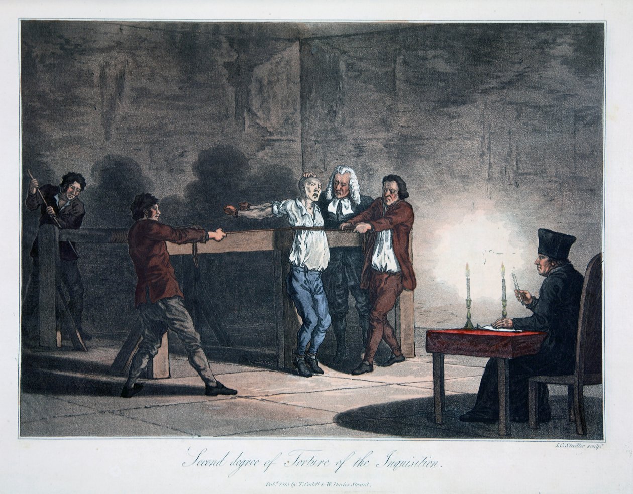 Anden grad af tortur af inkvisitionen, indgraveret af L.C. Stadler, pub. af Cadell & Davies, London, ca. 1813 (farvet gravering) af English School