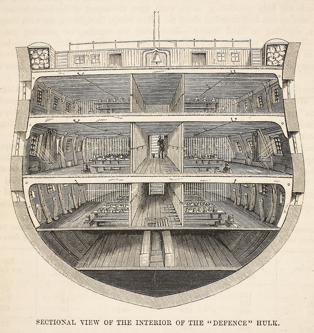 Snitbillede af det indre af Forsvarshulken, illustration fra The Criminal Prisons of London og Scenes from Prison Life af Henry Mayhew og John Binny, pub. 1862 af English School