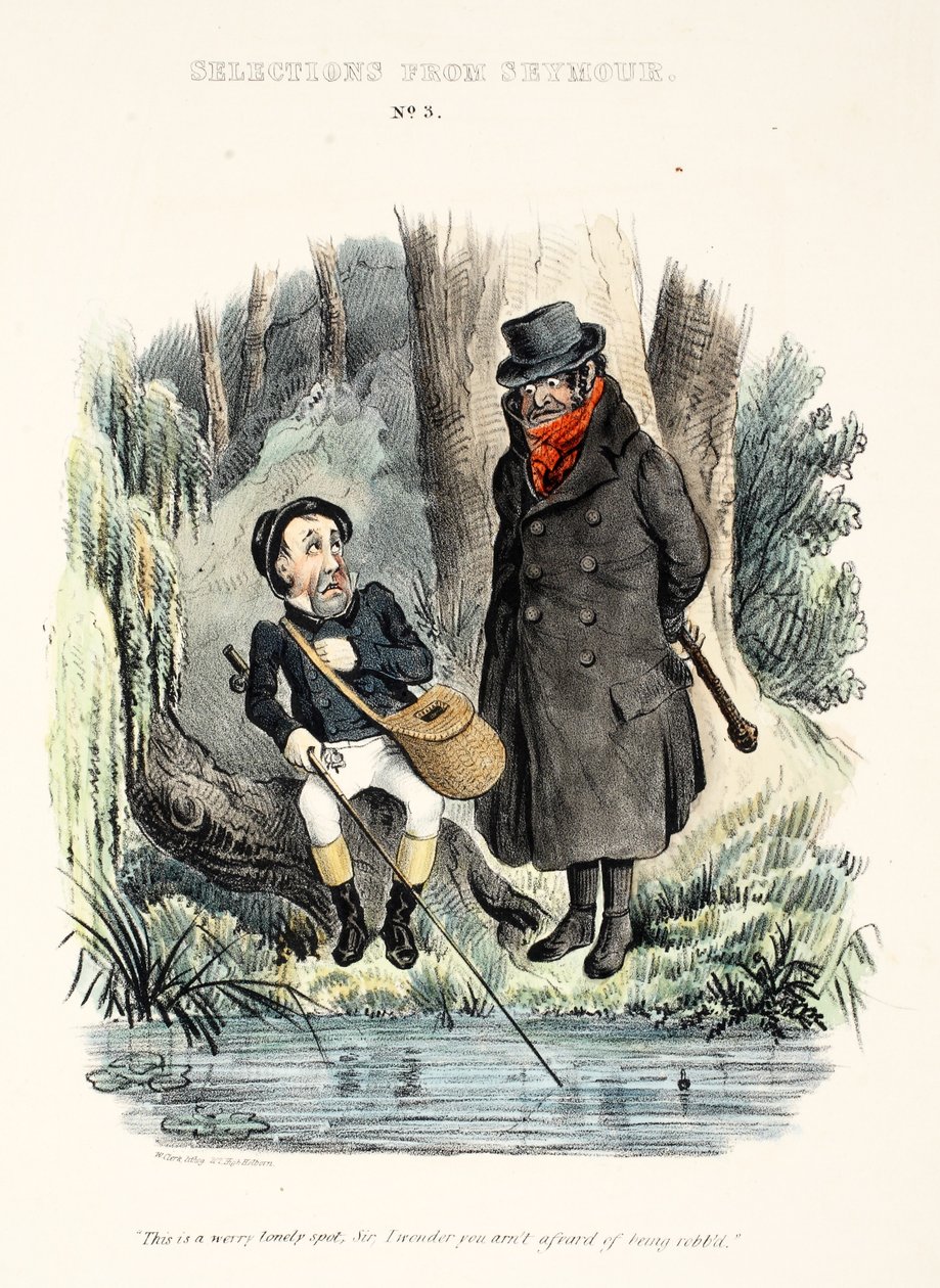 Udvalg fra Seymour: nr. 3, "Dette er et meget ensomt sted, sir, jeg spekulerer på, at du ikke er bange for at blive røvet.", pub ca. 1840 (håndfarvet gravering) af English School
