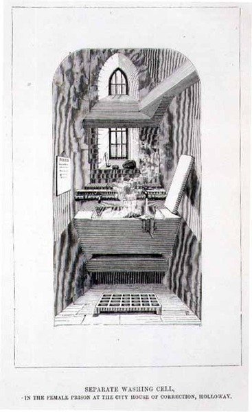Separat vaskecelle i kvindefængslet i City House of Correction, Holloway, fra "The Criminal Prisons of London and Scenes of Prison Life" (Londons kriminalfængsler og fængselslivets scener) af English School