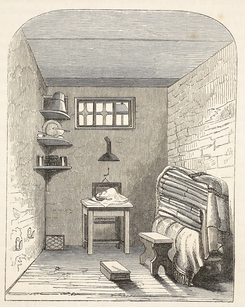 Separat celle i den gamle del af fængslet i Brixton, illustration fra The Criminal Prisons of London og Scenes from Prison Life af Henry Mayhew og John Binny, pub. 1862 af English School