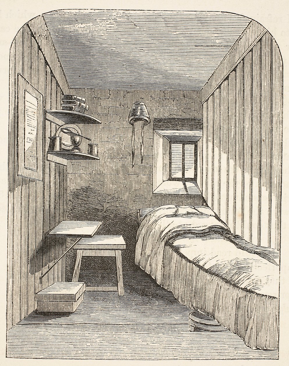 Separat sovecelle i en af de nye fløje i Female Convict Prison i Brixton, illustration fra The Criminal Prisons of London og Scenes from Prison Life af Henry Mayhew og John Binny, pub af English School