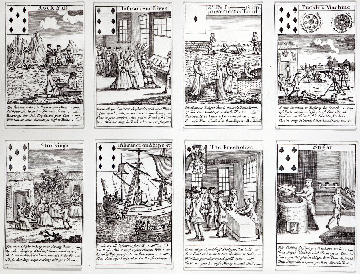 Sæt med spillekort, der viser satiriske scener af aktuelle kommercielle satsninger og investeringer, ca. 1720 af English School