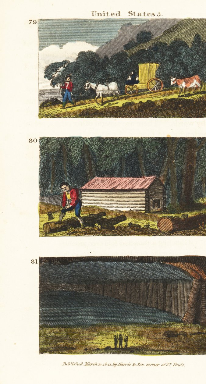 Nybyggere i en vogn rejser til de vestlige stater 79, bosættere bygger en bjælkehytte 80 og udsigt over Mammoth Cave i Kentucky 81 af English School