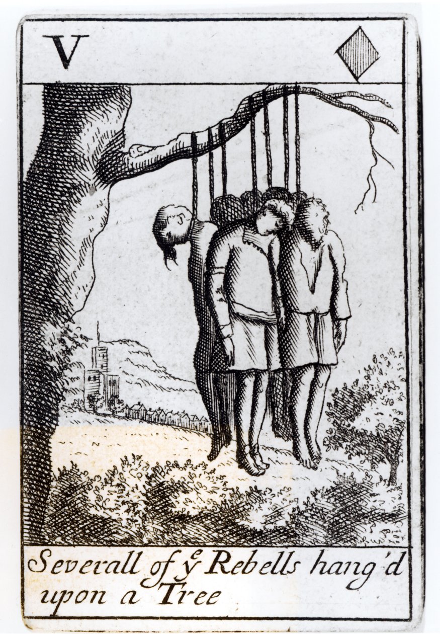 Adskillige oprørere hængt i et træ, fem hjerter spillekort fra et sæt til minde om Monmouths oprør i 1685 af English School