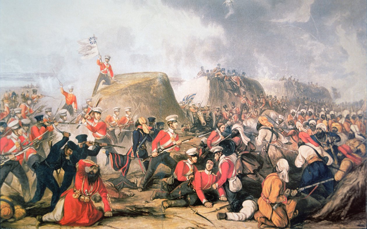Sgt. McCabe hæver farverne på voldene ved slaget ved Sobraon (farve litho) af English School