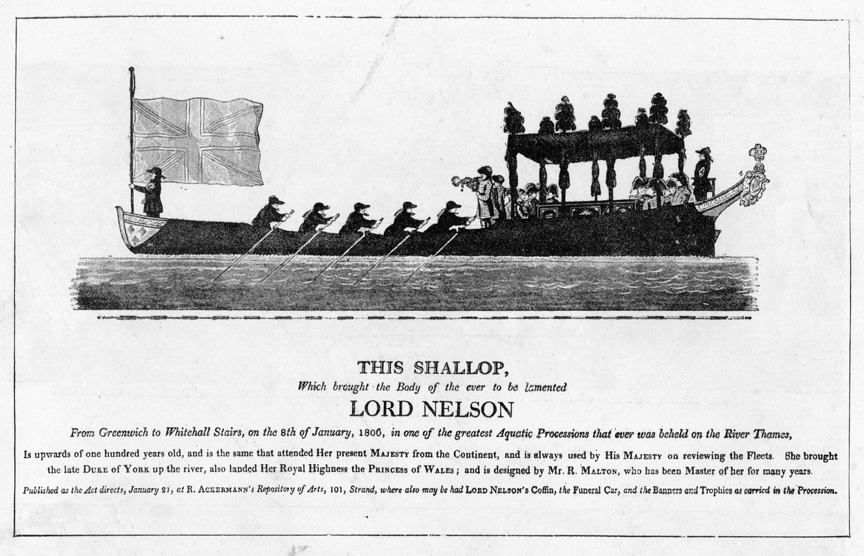 Skallop bærer liget af Lord Nelson, 8. januar 1806 fra Greenwich til Whitehall Stairs af English School