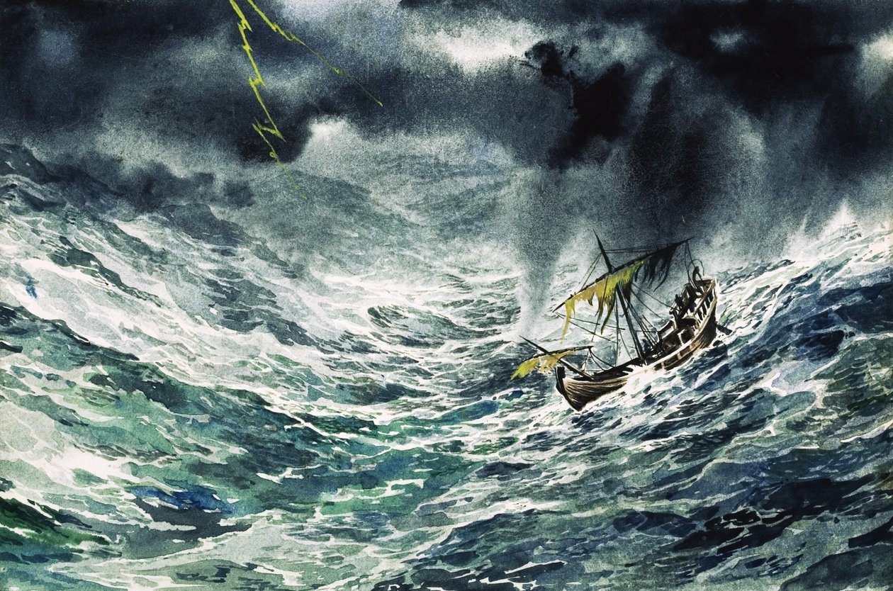 Skib i storm (gouache på papir) af English School