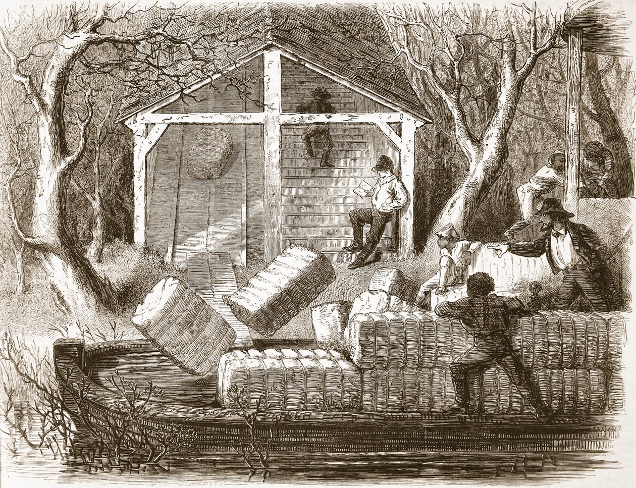 At skyde bomuldsballer ind i den forreste del af floddamperen Magnolia, illustration fra The Illustrated London News, 1861 af English School