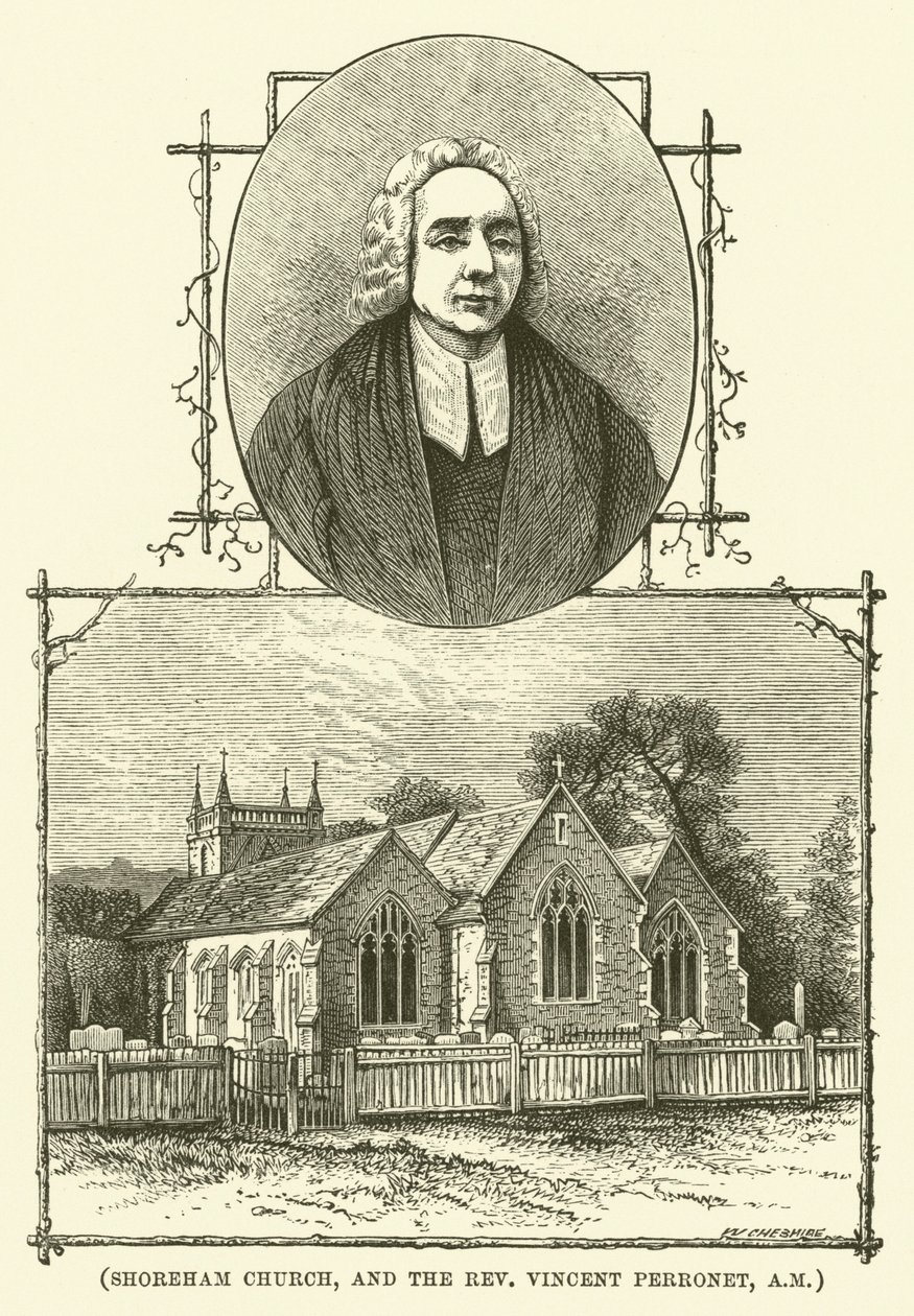 Shoreham Church og pastor Vincent Perronet, AM (kobberstik) af English School