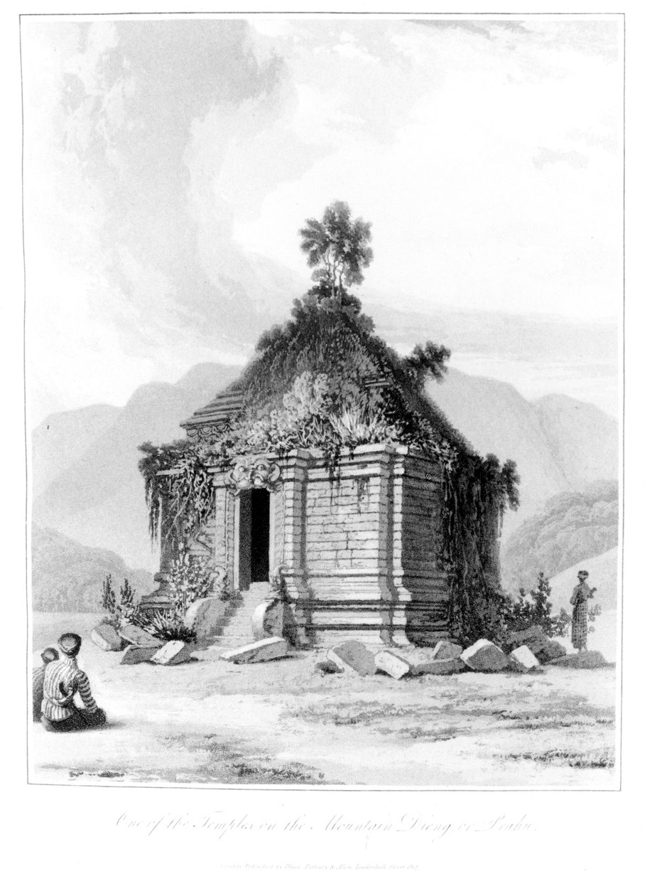 Helligdom på bjerget Dieng eller Prahu i det centrale Java, fra History of Java, bind 2, udgivet 1817 af English School