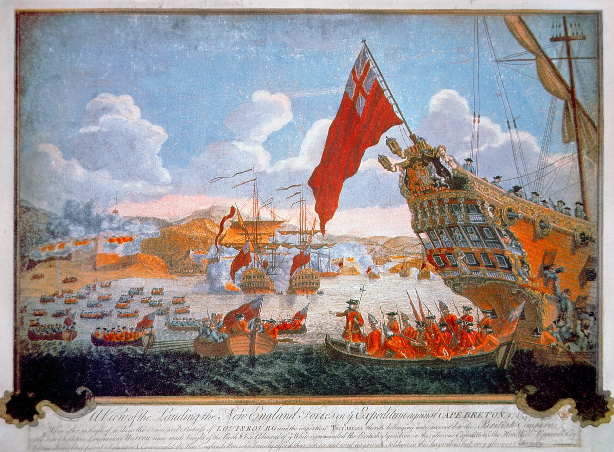 Belejring af den franske fæstning Louisbourg i 1745 af britiske skibe og koloniarbejdere fra New England (farve litografi) af English School